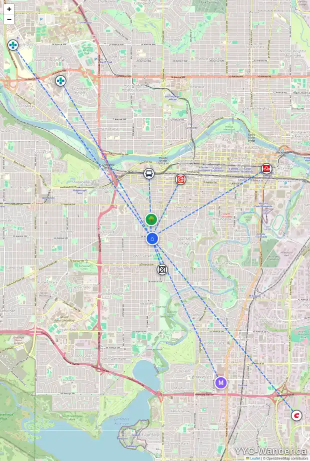 Daily accessibility map for 303 1633 26 AV SW, Calgary showing nearby schools, grocery stores, parks, LRT stations and nearby amenities
