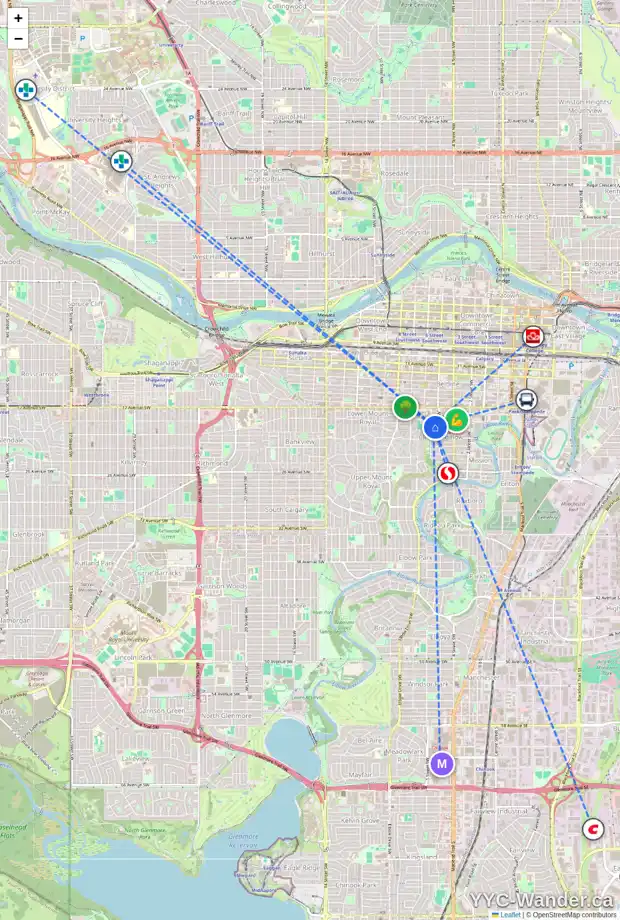Daily accessibility map for 1912 5A ST SW, Calgary showing nearby schools, grocery stores, parks, LRT stations and nearby amenities
