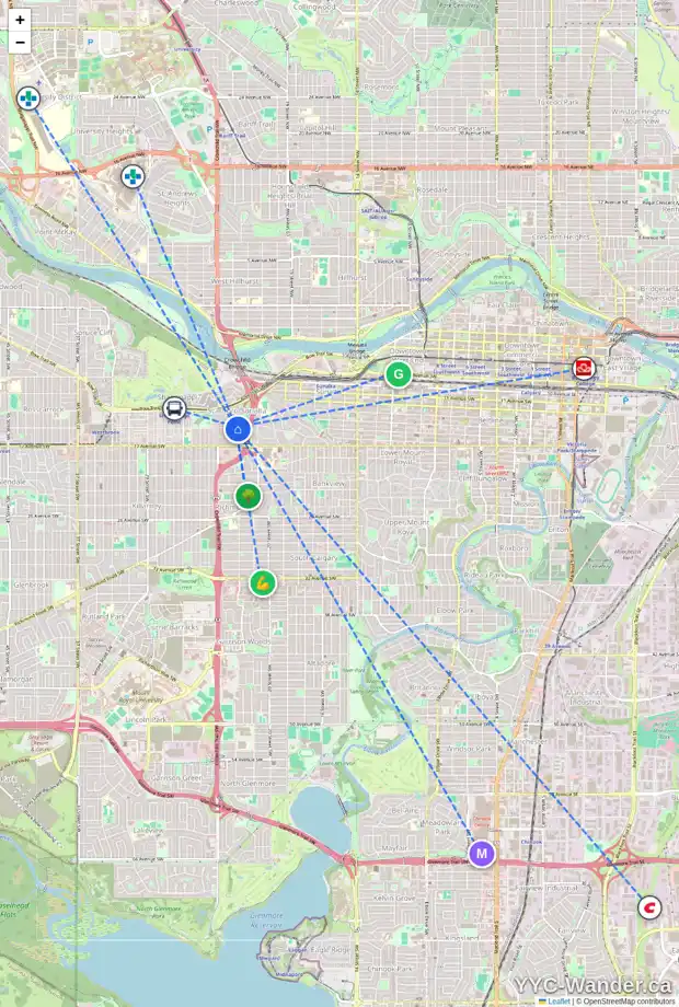 Daily accessibility map for 2307 SUNSET AV SW, Calgary showing nearby schools, grocery stores, parks, LRT stations and nearby amenities