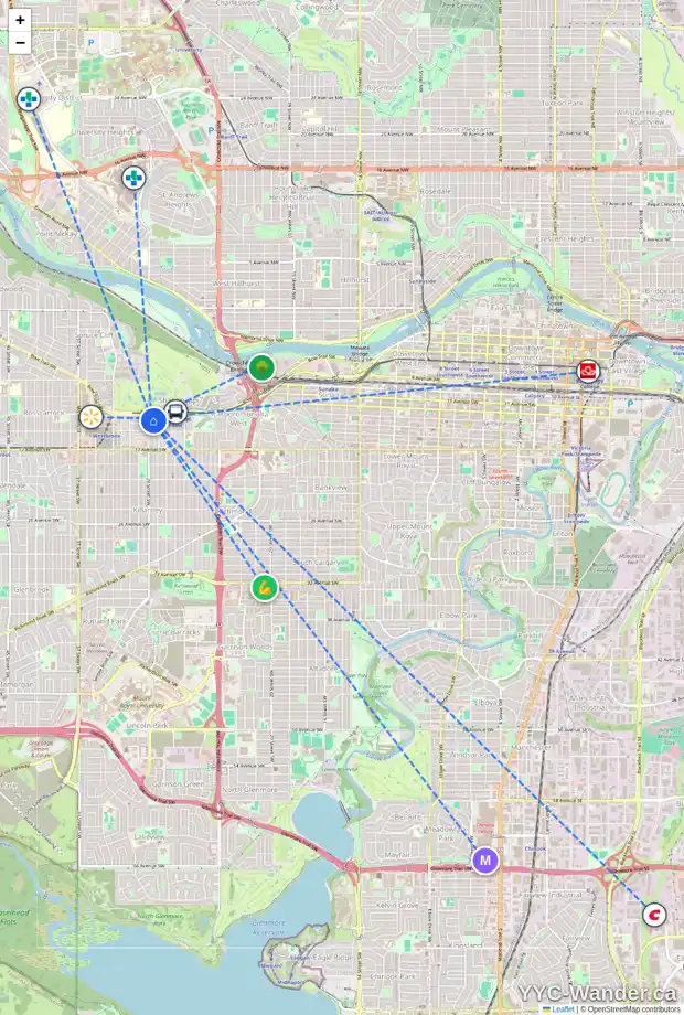 Daily accessibility map for 1410 29 ST SW, Calgary showing nearby schools, grocery stores, parks, LRT stations and nearby amenities