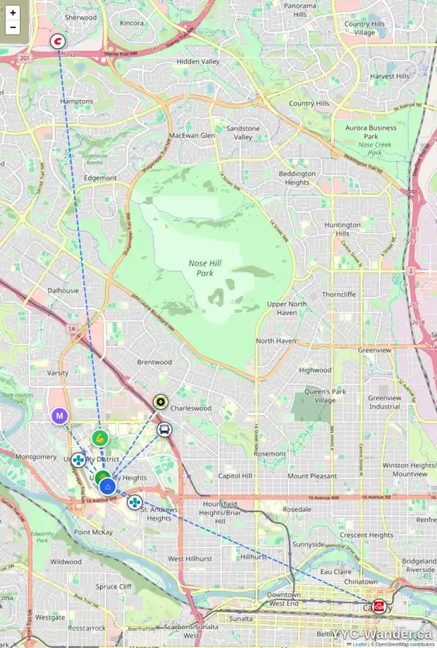 Daily accessibility map for 3639 UTAH DR NW, Calgary showing nearby schools, grocery stores, parks, LRT stations and nearby amenities