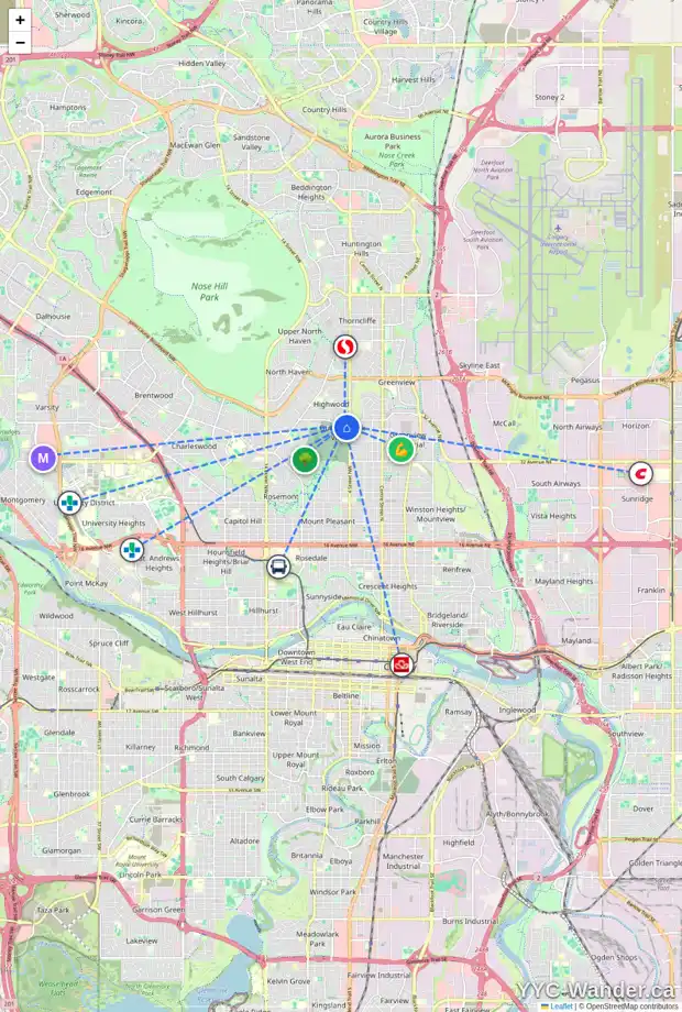 Daily accessibility map for 512 40 AV NW, Calgary showing nearby schools, grocery stores, parks, LRT stations and nearby amenities