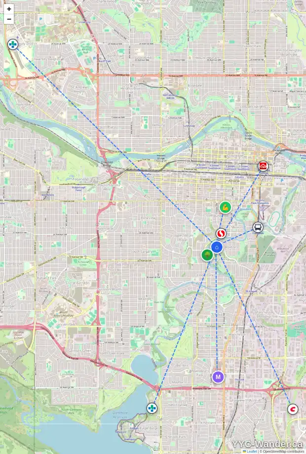 Daily accessibility map for 702 RIDEAU RD SW, Calgary showing nearby schools, grocery stores, parks, LRT stations and nearby amenities
