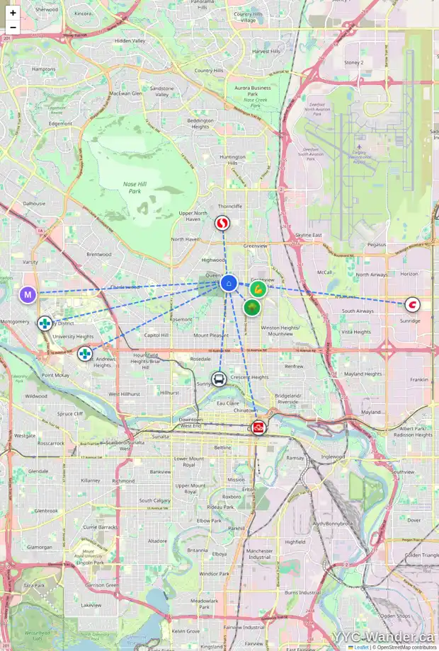 Daily accessibility map for 443 37 AV NW, Calgary showing nearby schools, grocery stores, parks, LRT stations and nearby amenities