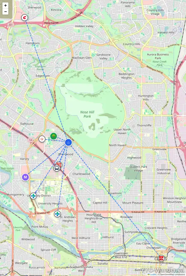 Daily accessibility map for 2724 CRAWFORD RD NW, Calgary showing nearby schools, grocery stores, parks, LRT stations and nearby amenities