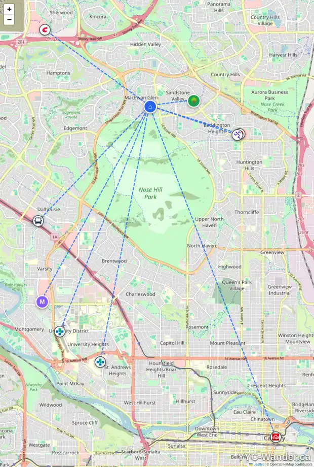 Daily accessibility map for 76 MACEWAN DR NW, Calgary showing nearby schools, grocery stores, parks, LRT stations and nearby amenities