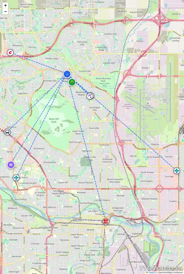 Daily accessibility map for 165 SANDERLING CL NW, Calgary showing nearby schools, grocery stores, parks, LRT stations and nearby amenities