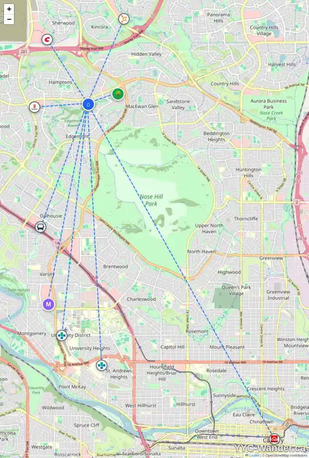 Daily accessibility map for 80 EDGERIDGE PA NW, Calgary showing nearby schools, grocery stores, parks, LRT stations and nearby amenities