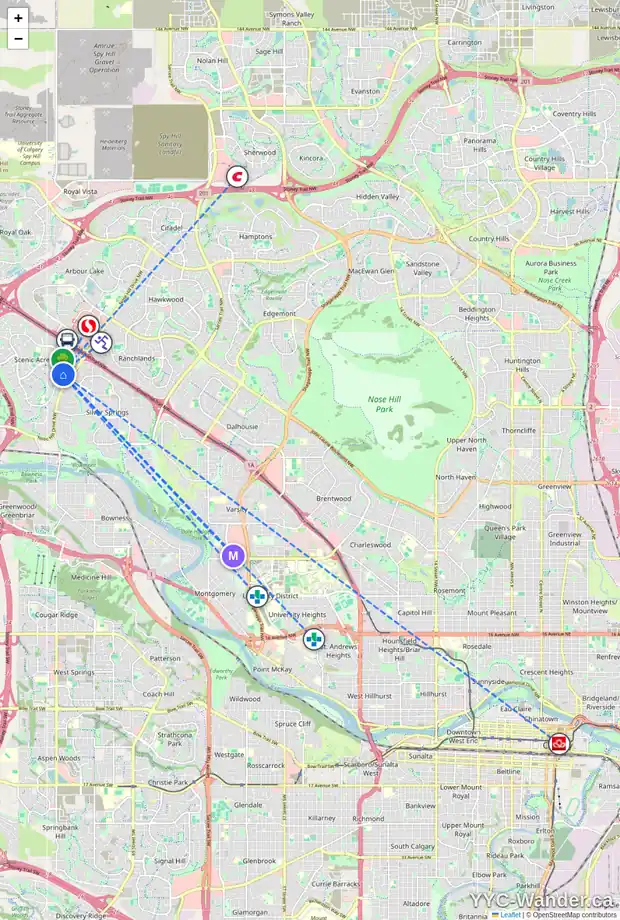 Daily accessibility map for 40 SCENIC PL NW, Calgary showing nearby schools, grocery stores, parks, LRT stations and nearby amenities