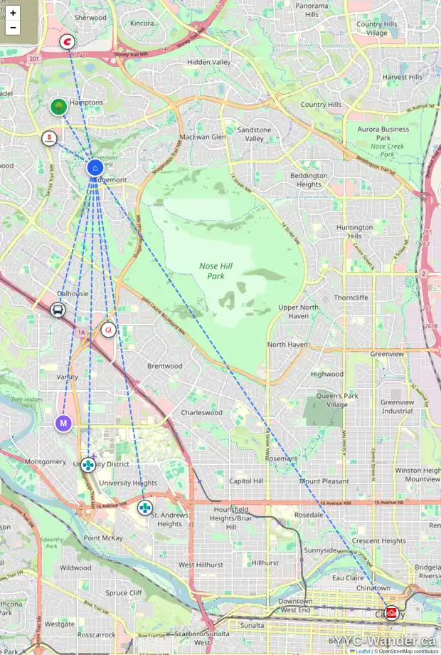 Daily accessibility map for 8360 EDGEVALLEY DR NW, Calgary showing nearby schools, grocery stores, parks, LRT stations and nearby amenities