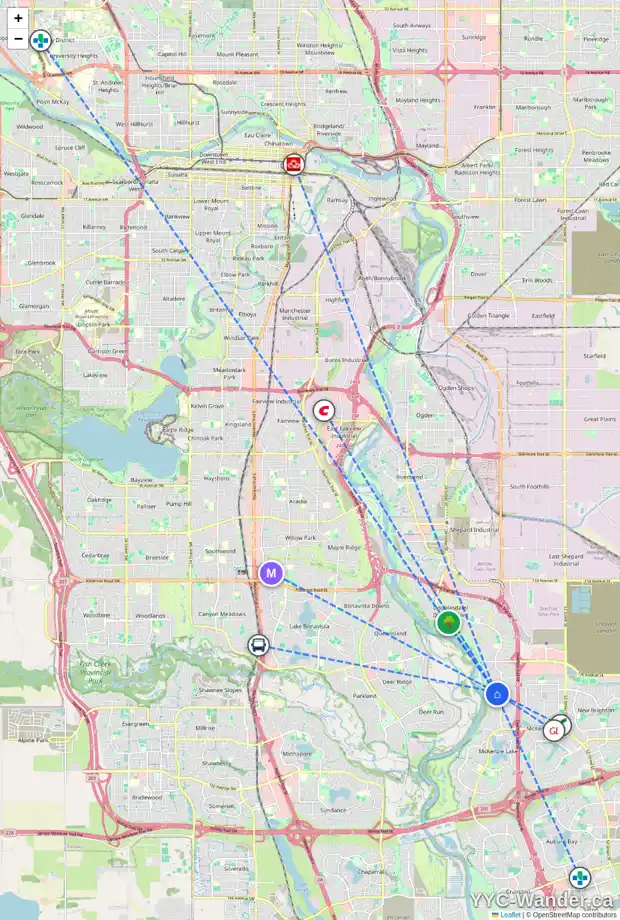 Daily accessibility map for 242 MT DOUGLAS CL SE, Calgary showing nearby schools, grocery stores, parks, LRT stations and nearby amenities