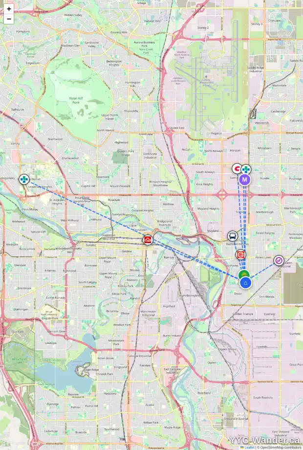 Daily accessibility map for 3407 30A AV SE, Calgary showing nearby schools, grocery stores, parks, LRT stations and nearby amenities