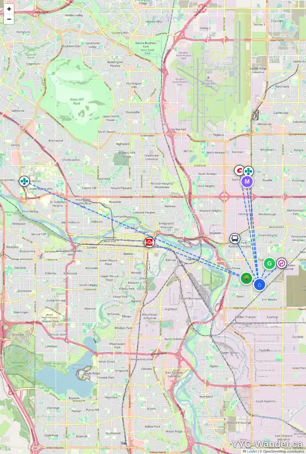 Daily accessibility map for 4111 30 AV SE, Calgary showing nearby schools, grocery stores, parks, LRT stations and nearby amenities