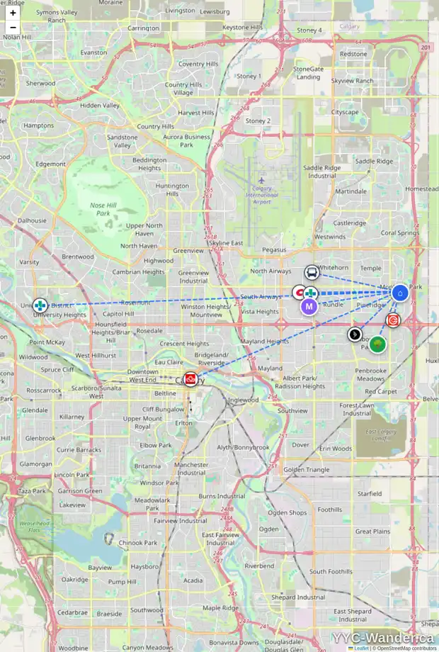 Daily accessibility map for 12 DEL MONICA PL NE, Calgary showing nearby schools, grocery stores, parks, LRT stations and nearby amenities