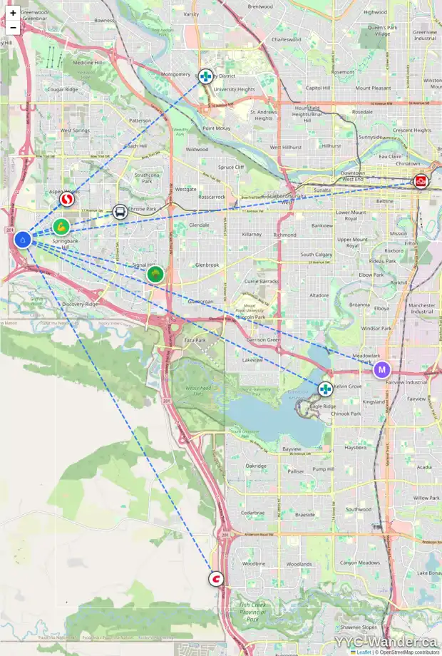 Daily accessibility map for 67 SLOPEVIEW DR SW, Calgary showing nearby schools, grocery stores, parks, LRT stations and nearby amenities