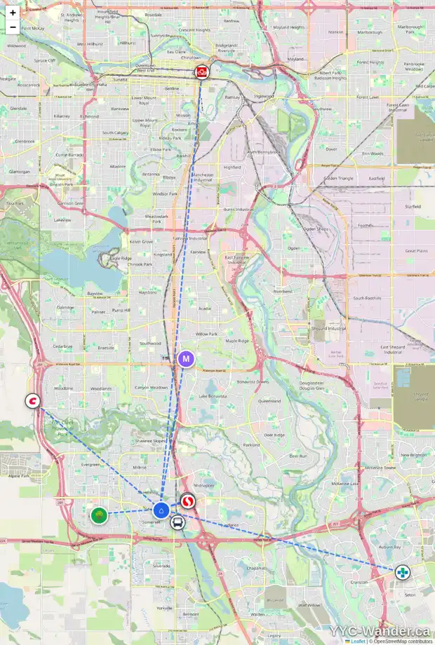 Daily accessibility map for 177 SHAWFIELD RD SW, Calgary showing nearby schools, grocery stores, parks, LRT stations and nearby amenities