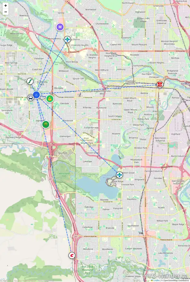 Daily accessibility map for 12 CHRISTIE CAIRN HE SW, Calgary showing nearby schools, grocery stores, parks, LRT stations and nearby amenities