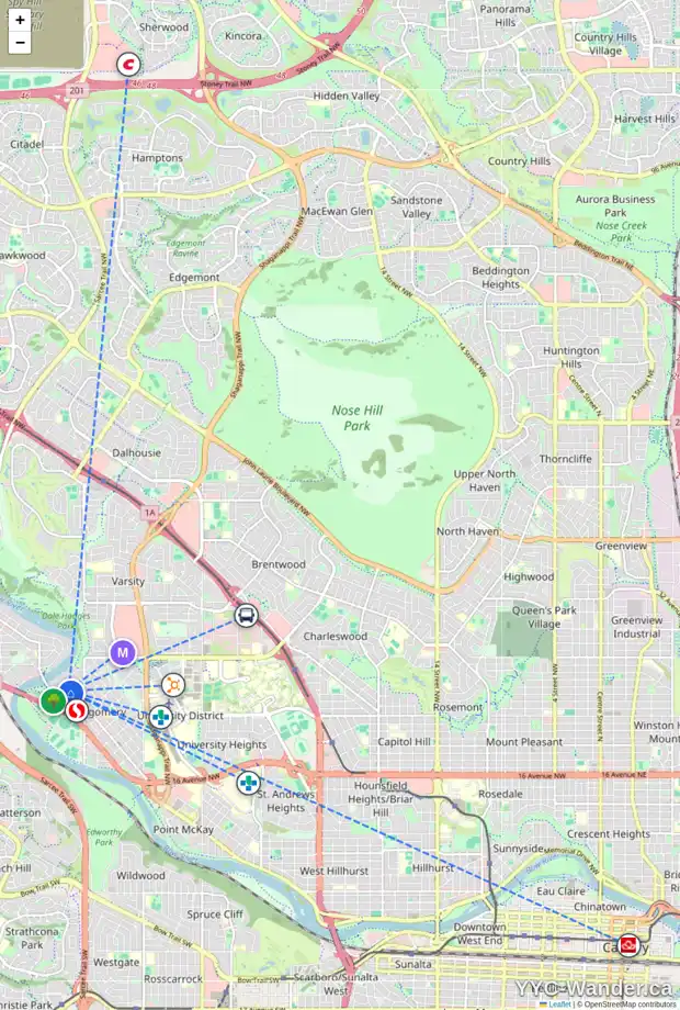 Daily accessibility map for 1803 51 ST NW, Calgary showing nearby schools, grocery stores, parks, LRT stations and nearby amenities