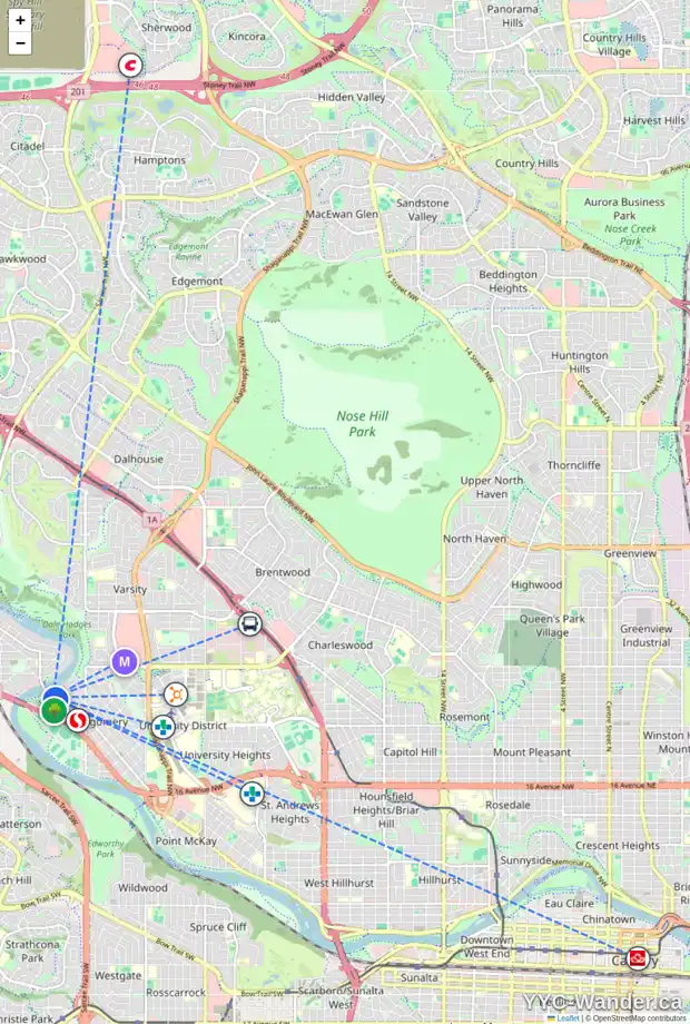 Daily accessibility map for 32 BOW LD NW, Calgary showing nearby schools, grocery stores, parks, LRT stations and nearby amenities