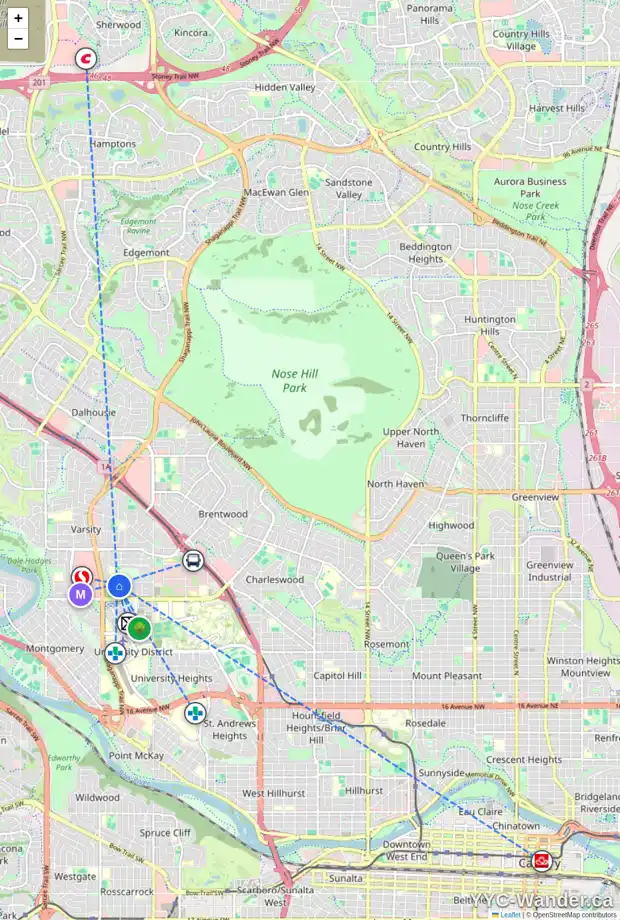 Daily accessibility map for 10 VARSTON PL NW, Calgary showing nearby schools, grocery stores, parks, LRT stations and nearby amenities