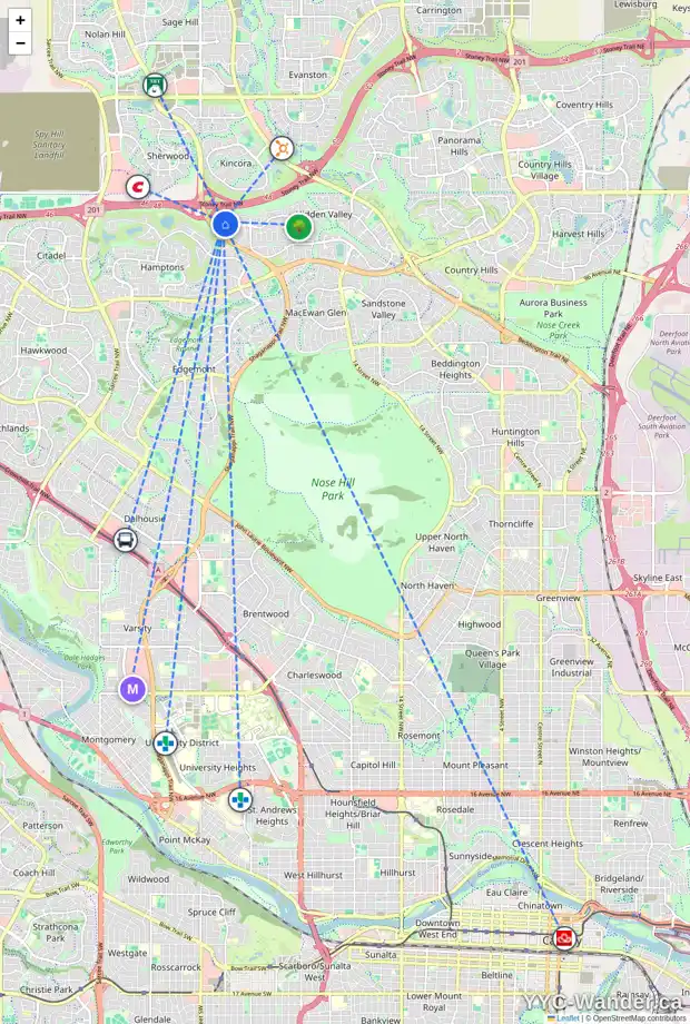 Daily accessibility map for 27 200 HIDDEN HILLS TC NW, Calgary showing nearby schools, grocery stores, parks, LRT stations and nearby amenities