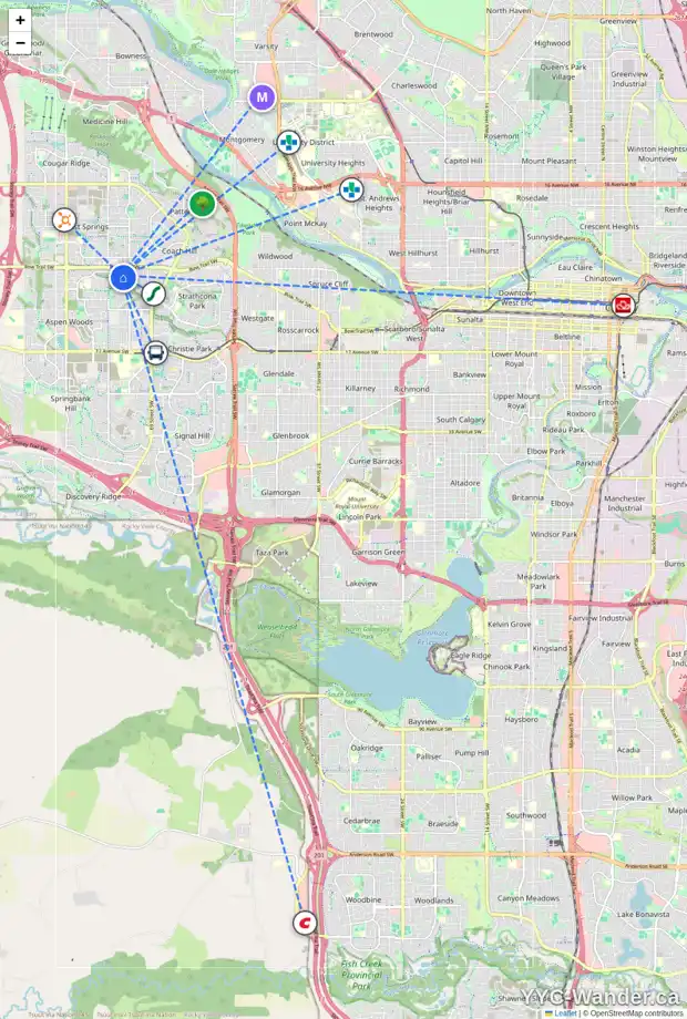 Daily accessibility map for 1362 STRATHCONA DR SW, Calgary showing nearby schools, grocery stores, parks, LRT stations and nearby amenities