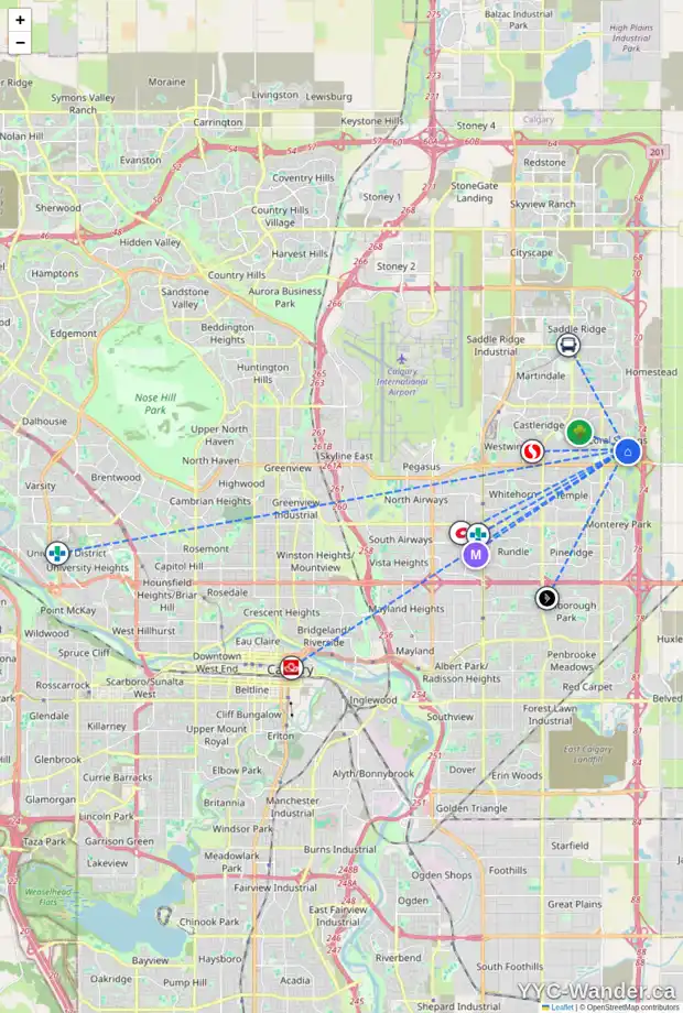 Daily accessibility map for 156 CORAL SPRINGS BV NE, Calgary showing nearby schools, grocery stores, parks, LRT stations and nearby amenities