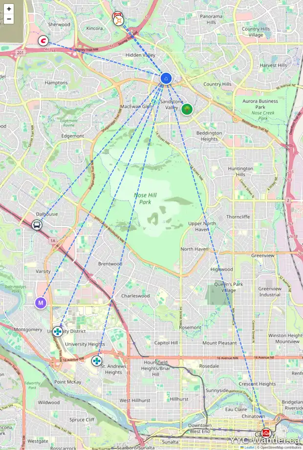 Daily accessibility map for 92 HIDDEN VALE CR NW, Calgary showing nearby schools, grocery stores, parks, LRT stations and nearby amenities