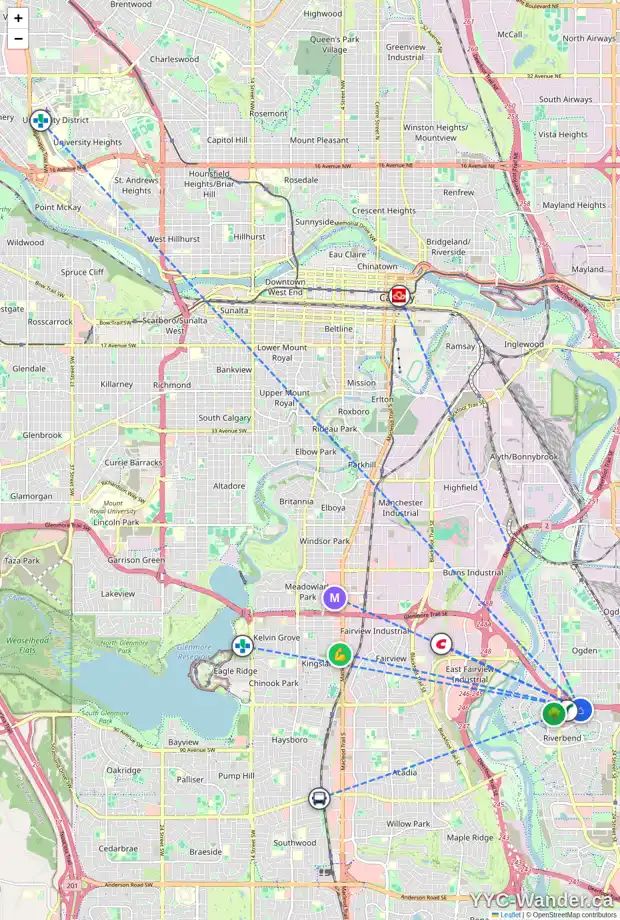 Daily accessibility map for 87 RIVERCREST CI SE, Calgary showing nearby schools, grocery stores, parks, LRT stations and nearby amenities