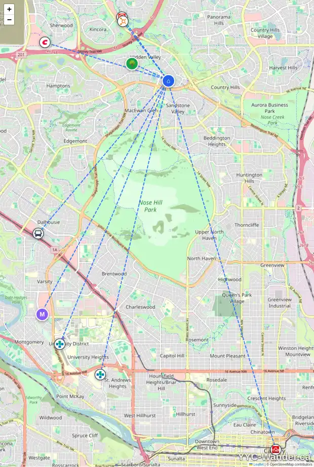 Daily accessibility map for 203 HIDDEN VALE PL NW, Calgary showing nearby schools, grocery stores, parks, LRT stations and nearby amenities