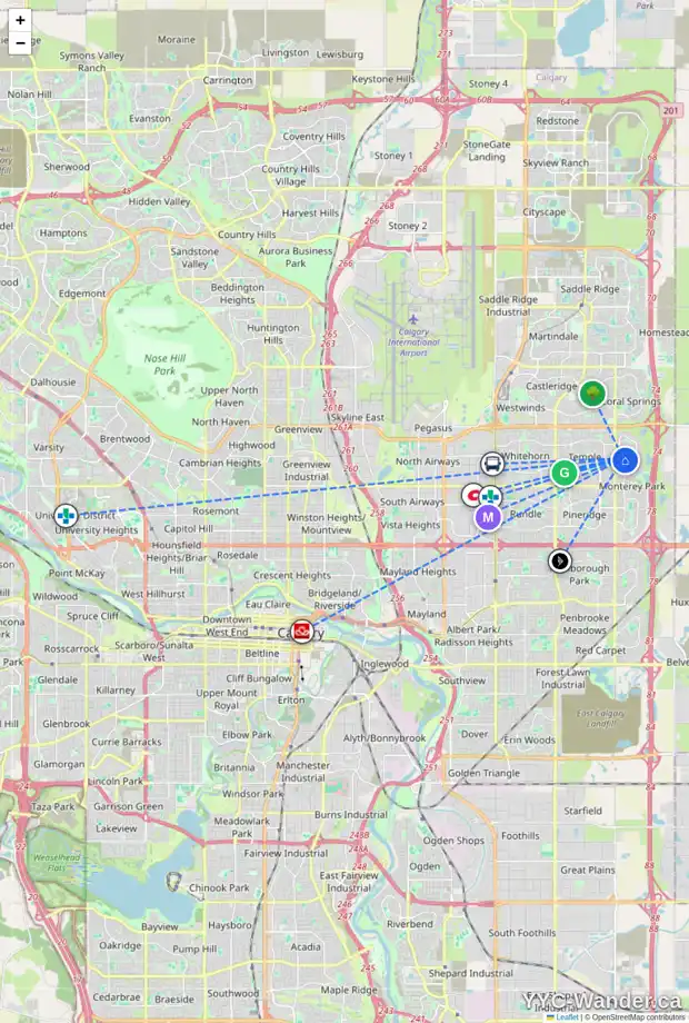 Daily accessibility map for 223 CARMEL CL NE, Calgary showing nearby schools, grocery stores, parks, LRT stations and nearby amenities