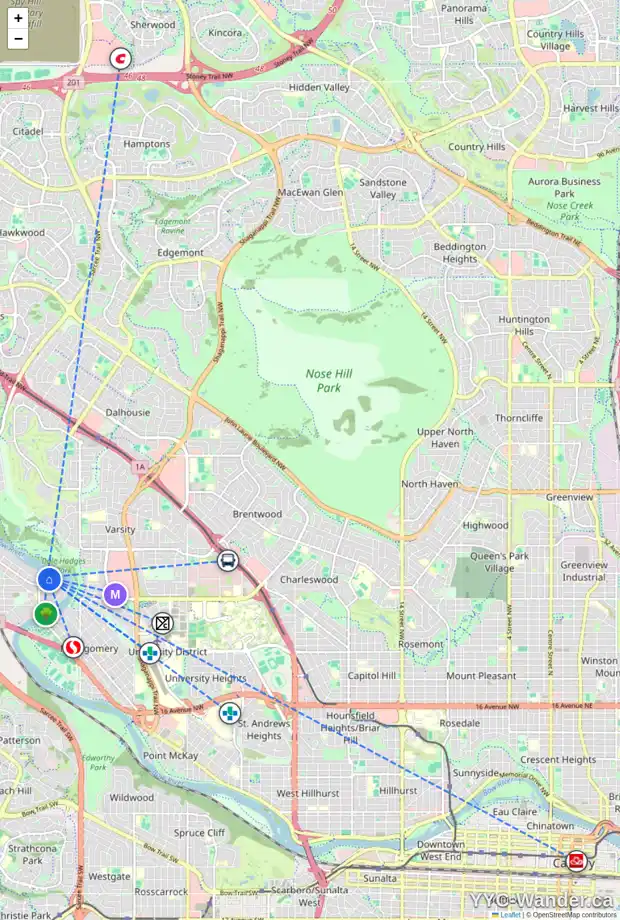 Daily accessibility map for 6026 BOW CR NW, Calgary showing nearby schools, grocery stores, parks, LRT stations and nearby amenities