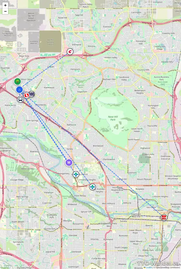 Daily accessibility map for 239 ARBOUR WOOD CL NW, Calgary showing nearby schools, grocery stores, parks, LRT stations and nearby amenities