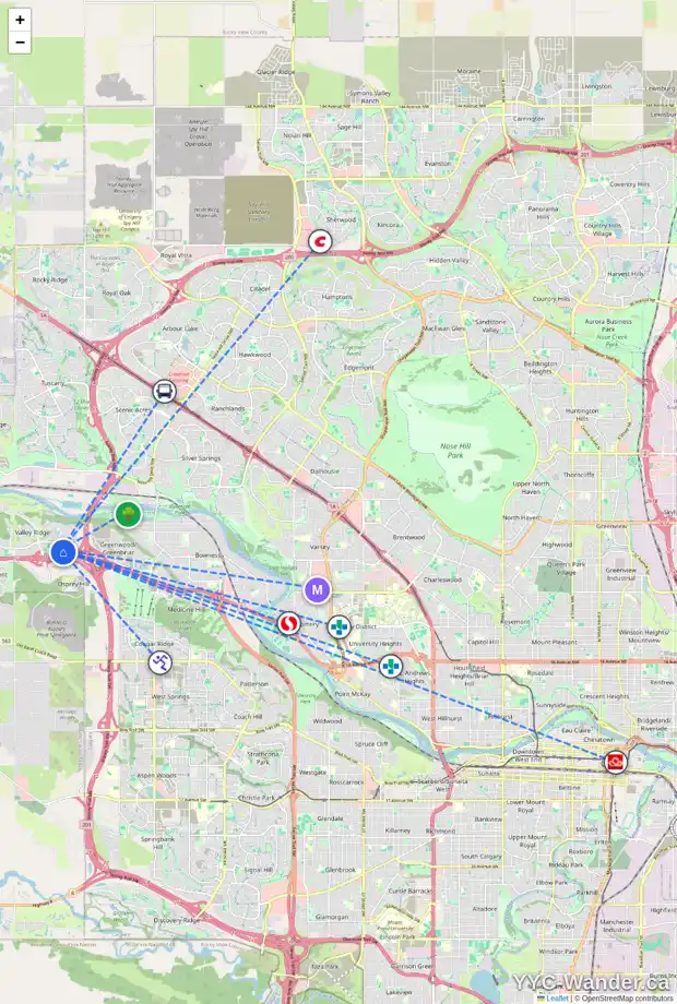 Daily accessibility map for 126 VALLEY BROOK CI NW, Calgary showing nearby schools, grocery stores, parks, LRT stations and nearby amenities