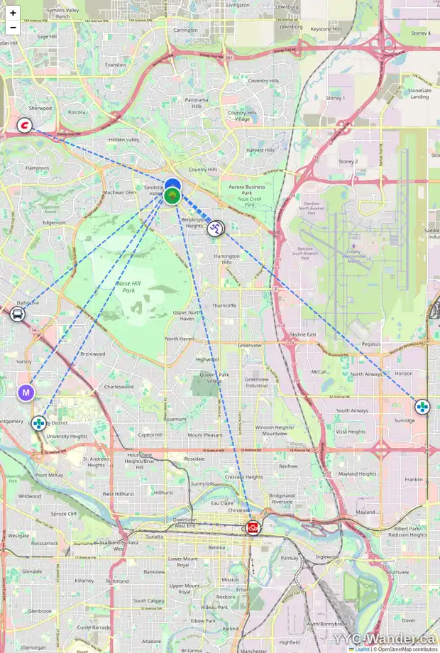Daily accessibility map for 57 200 SANDSTONE DR NW, Calgary showing nearby schools, grocery stores, parks, LRT stations and nearby amenities