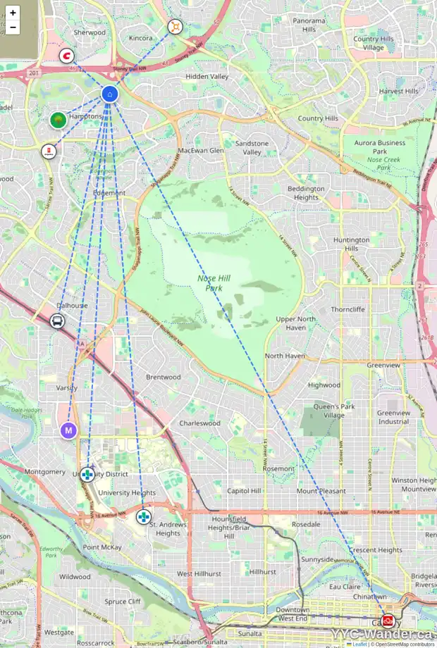Daily accessibility map for 195 HAMPTONS DR NW, Calgary showing nearby schools, grocery stores, parks, LRT stations and nearby amenities