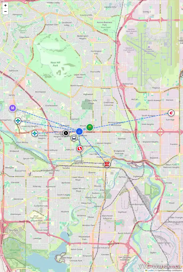 Daily accessibility map for 1127 17 AV NW, Calgary showing nearby schools, grocery stores, parks, LRT stations and nearby amenities
