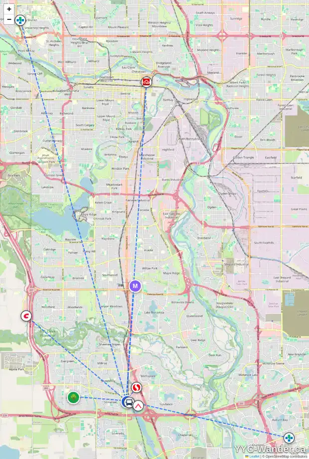 Daily accessibility map for 50 SOMERVALE PT SW, Calgary showing nearby schools, grocery stores, parks, LRT stations and nearby amenities