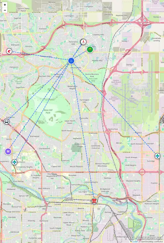 Daily accessibility map for 53 PANORAMA HILLS CI NW, Calgary showing nearby schools, grocery stores, parks, LRT stations and nearby amenities