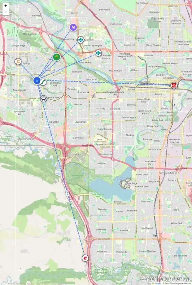 Daily accessibility map for 39 STRATHRIDGE GD SW, Calgary showing nearby schools, grocery stores, parks, LRT stations and nearby amenities