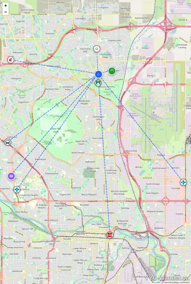 Daily accessibility map for 518 COUNTRY HILLS DR NW, Calgary showing nearby schools, grocery stores, parks, LRT stations and nearby amenities