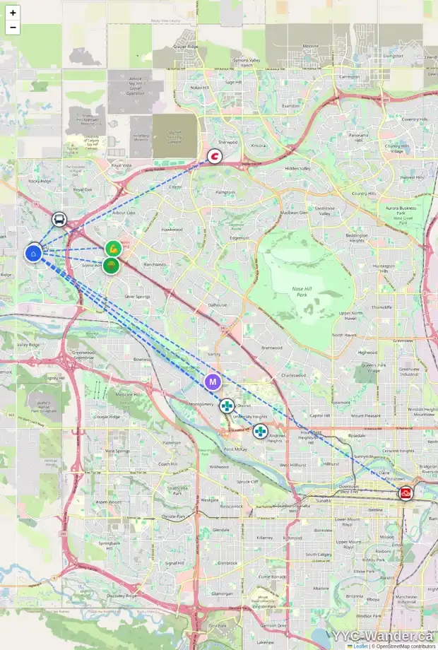 Daily accessibility map for 94 TUSCANY RIDGE VW NW, Calgary showing nearby schools, grocery stores, parks, LRT stations and nearby amenities