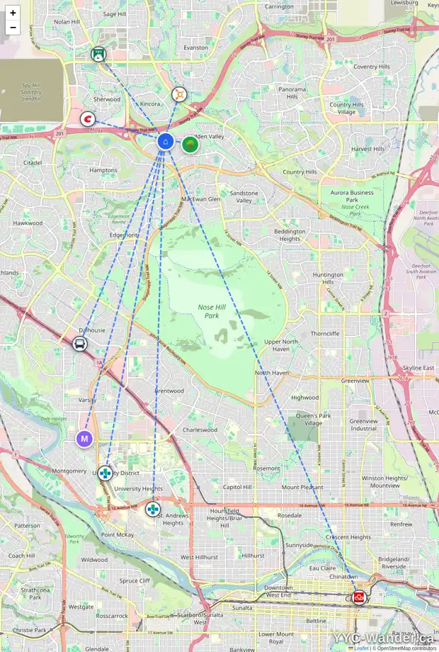 Daily accessibility map for 46 HIDDEN RANCH CL NW, Calgary showing nearby schools, grocery stores, parks, LRT stations and nearby amenities