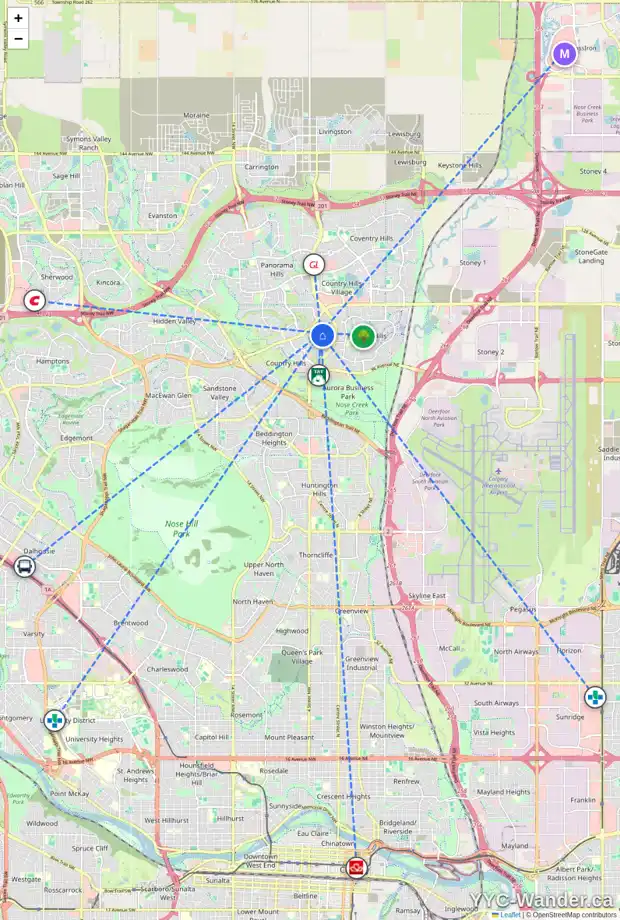 Daily accessibility map for 44 COUNTRY HILLS ME NW, Calgary showing nearby schools, grocery stores, parks, LRT stations and nearby amenities