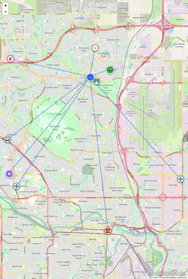 Daily accessibility map for 172 COUNTRY HILLS PA NW, Calgary showing nearby schools, grocery stores, parks, LRT stations and nearby amenities