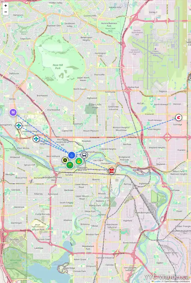 Daily accessibility map for 424 16 ST NW, Calgary showing nearby schools, grocery stores, parks, LRT stations and nearby amenities