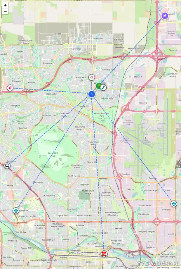Daily accessibility map for 54 PANORAMA HILLS RD NW, Calgary showing nearby schools, grocery stores, parks, LRT stations and nearby amenities