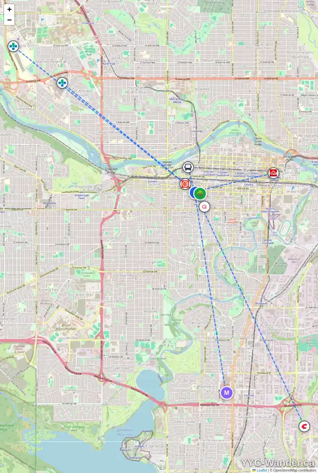 Daily accessibility map for 801 1011 12 AV SW, Calgary showing nearby schools, grocery stores, parks, LRT stations and nearby amenities