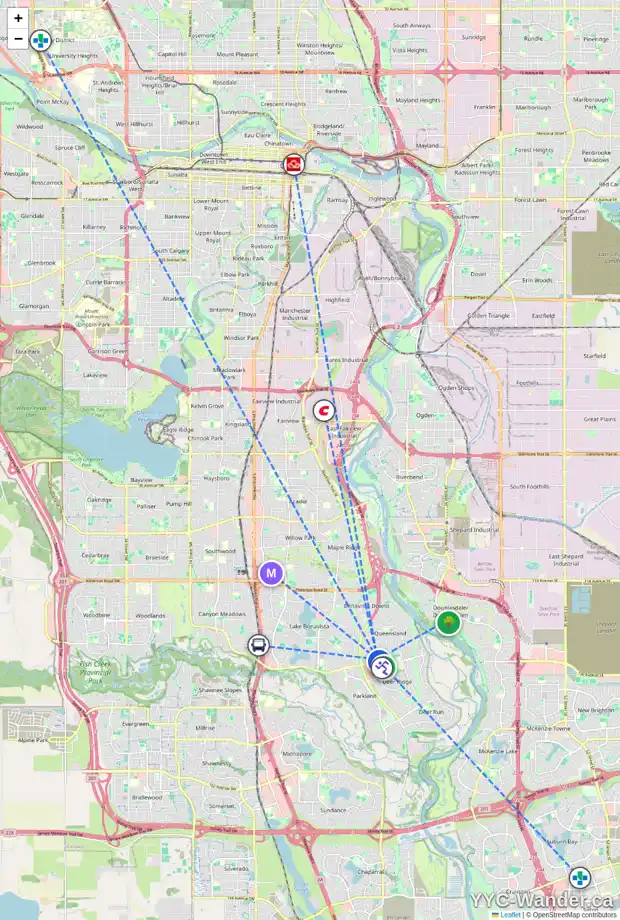 Daily accessibility map for 108 QUEENSLAND DR SE, Calgary showing nearby schools, grocery stores, parks, LRT stations and nearby amenities