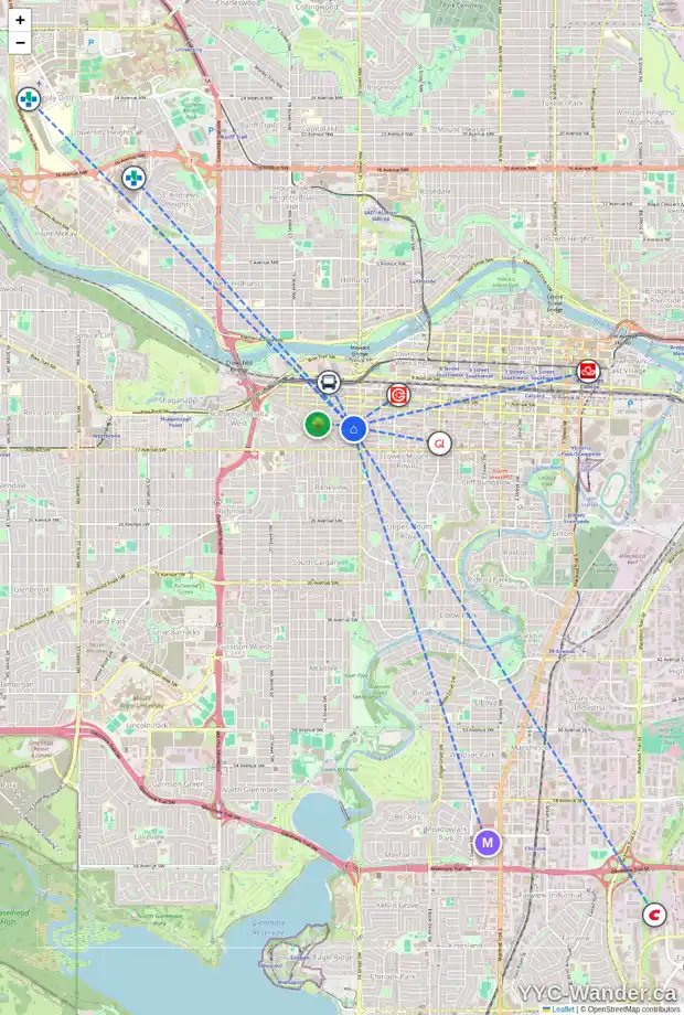 Daily accessibility map for 1521 14 AV SW, Calgary showing nearby schools, grocery stores, parks, LRT stations and nearby amenities
